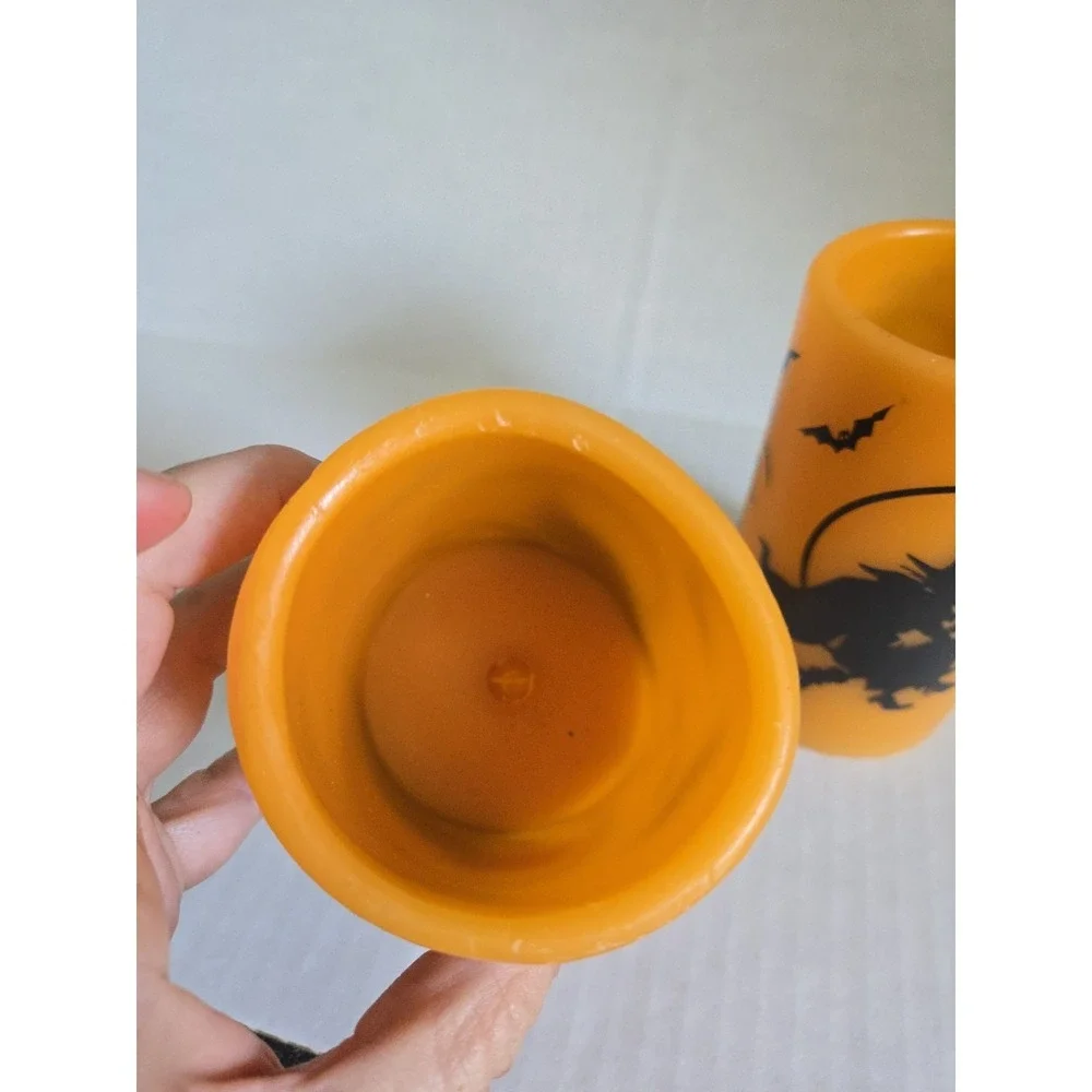 2 Halloween Flameless LED Pillar Candles Orange Black Witch Cat Bats Wax Battey